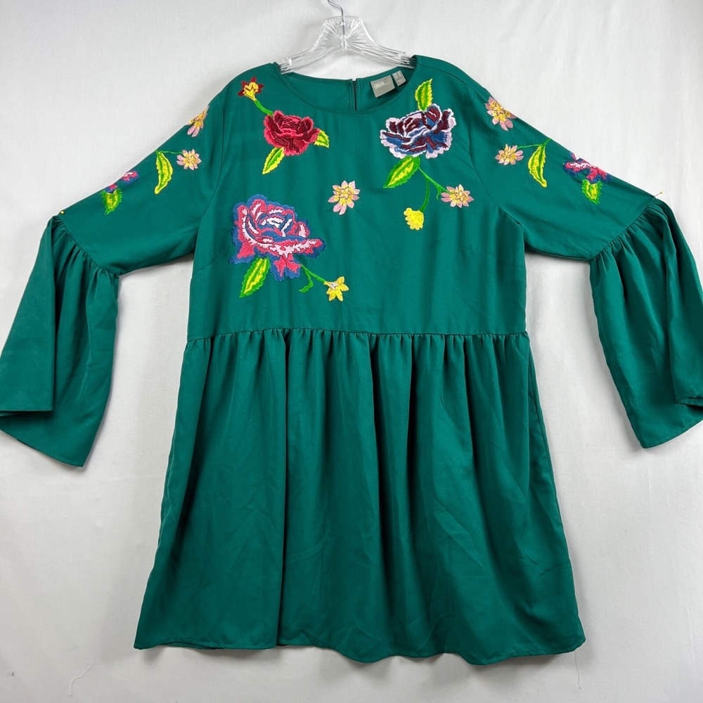 ASOS DESIGN poplin trapeze mini dress Womens Sz 10 Green floral embroidery